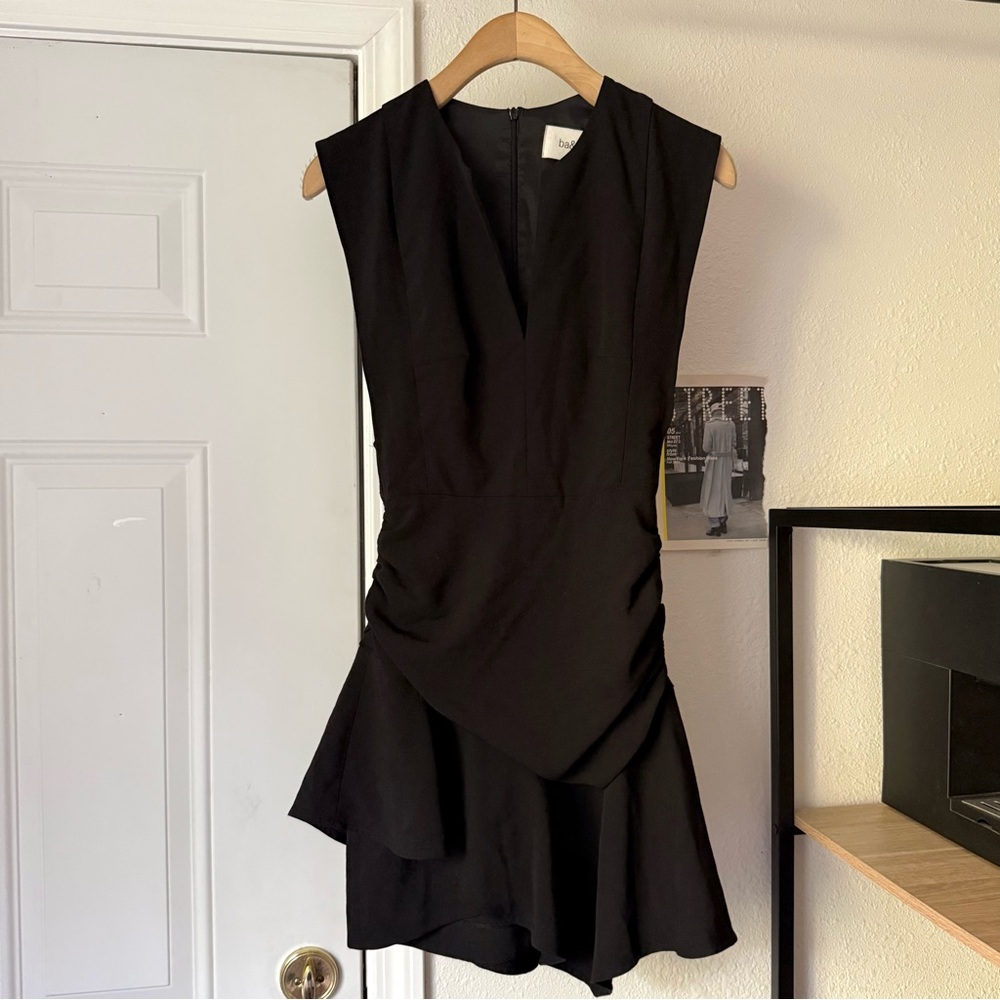 BA&SH black layered ruffle asymmetrical hem sleeveless mini dress